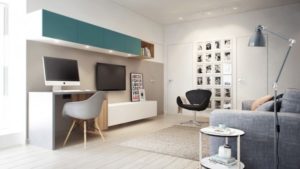 A small desk with overhead storage is practical, but the chair can tuck under for extra floor space or flip around for an instant conversation area. Keeping the desk wall painted the same color all the way across makes the bedroom door nearly disappear, giving the illusion of even more space.