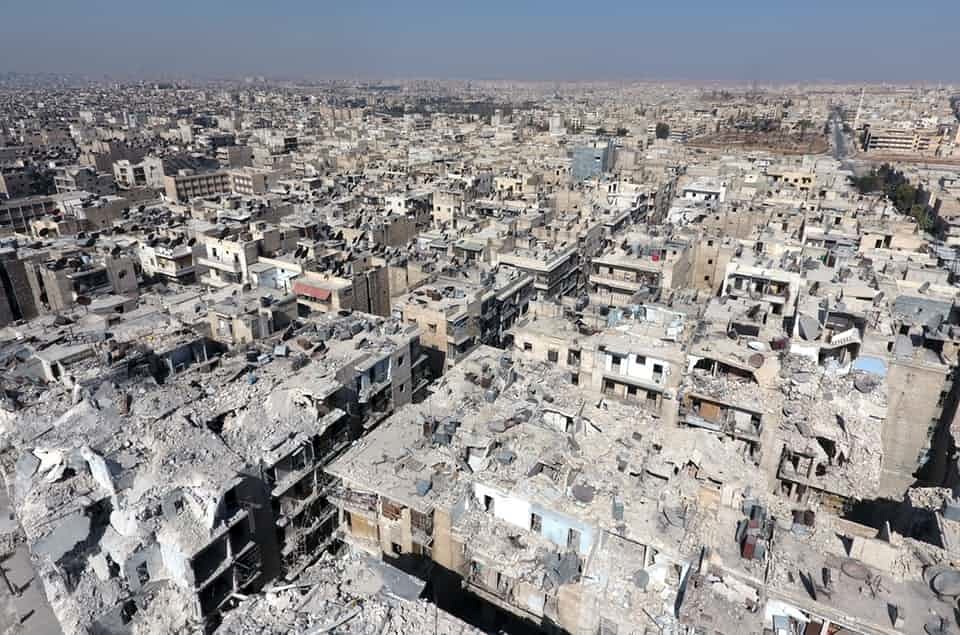 An aerial view of the buildings destroyed by the Assad regime forces and Russian army in the Tariq al-Bab neighbourhood.