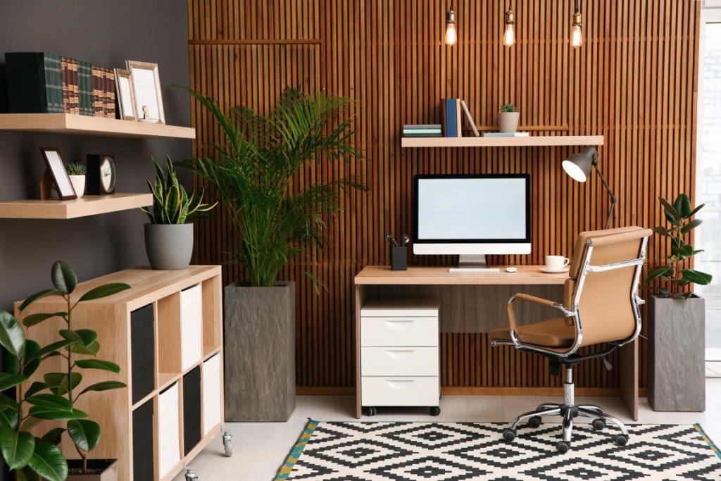 Home Office with wood slat wall