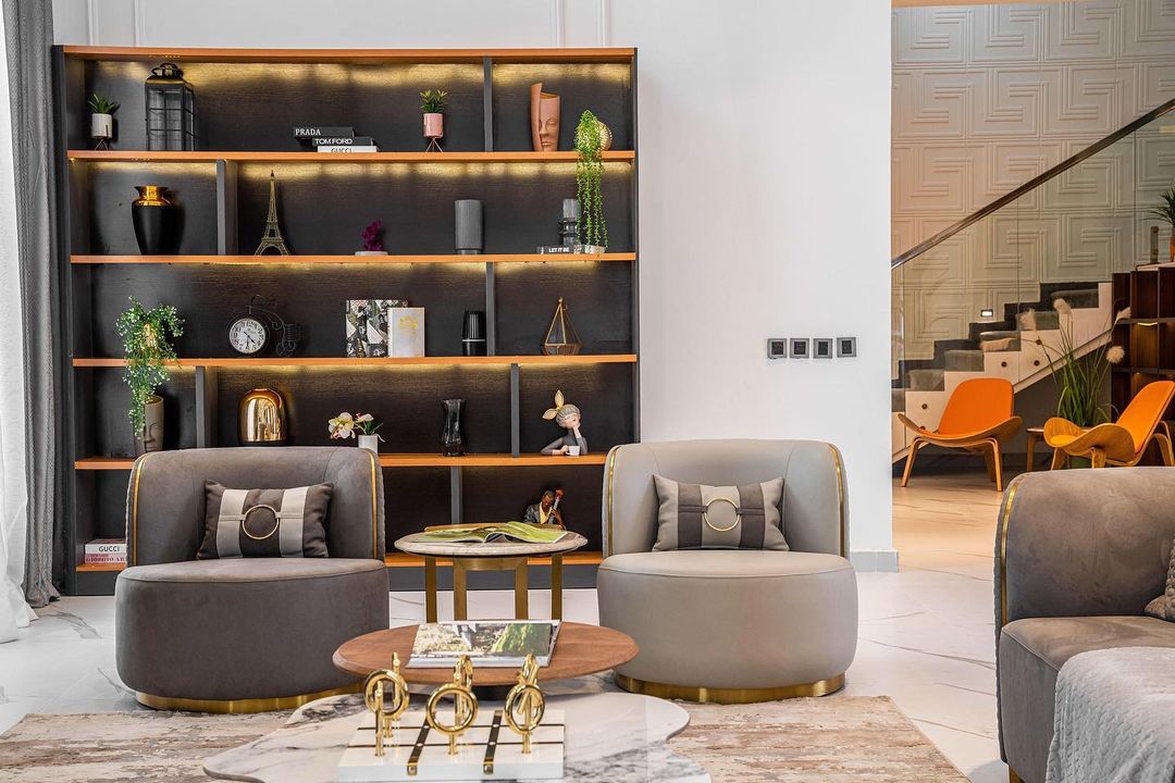 luxury grey living room decor by mimz interiors - a closer view of the black shelf