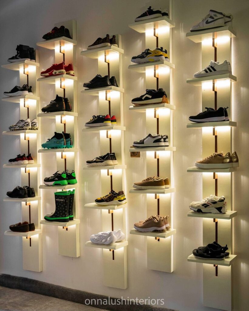 Shelving for footwear in boy's bedroom by Onnalush Interiors