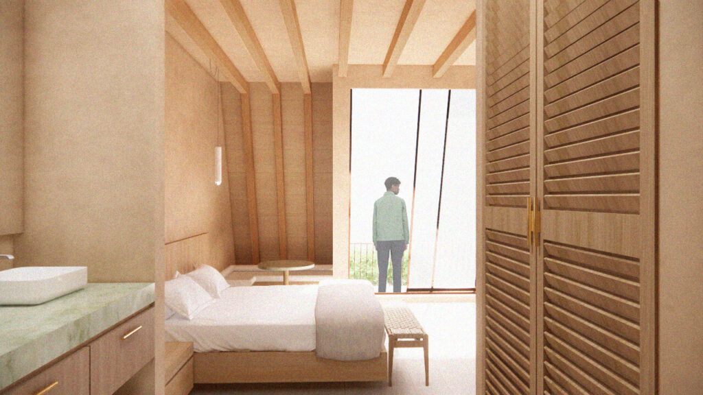 Interior view of proposed art guesthouse by Studio Contra for EMOWAA Competition