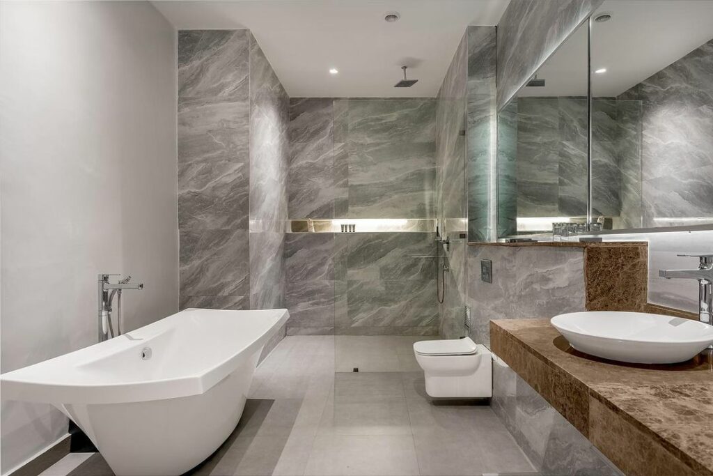 Grey luxury bathroom in a bedroom at the the Art Hotel Lagos.