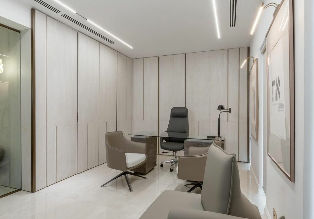 View of minimalist executive office design by Minida Designs
