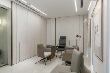 View of minimalist executive office design by Minida Designs
