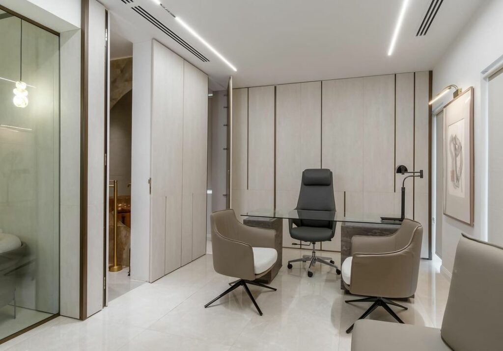 View of minimalist executive office design by Minida Designs showing flush-fitting doors