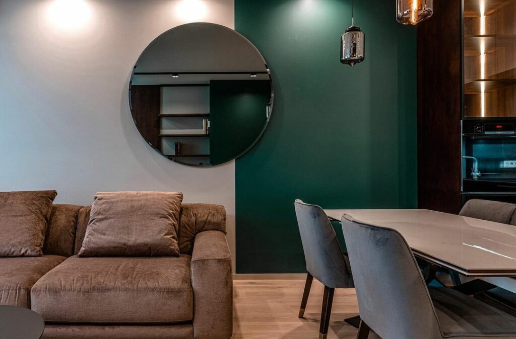 Geometric mirror in Inkmen Structures & Spaces shortlet apartment.