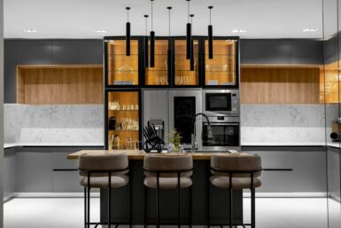 Modern grey Kitchen Layout by Kitdrobe