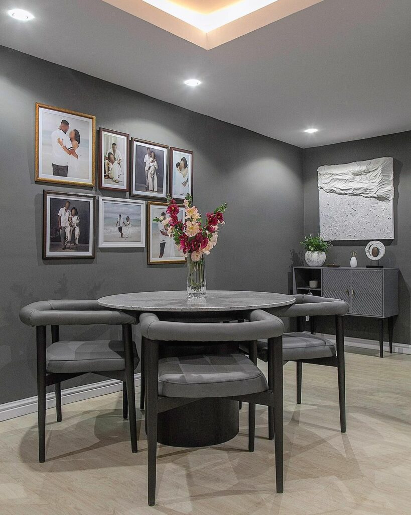 Dining area in Grey Living Room By La Maison Douillet