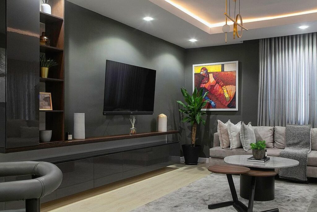 TV wall in Grey Living Room By La Maison Douillet