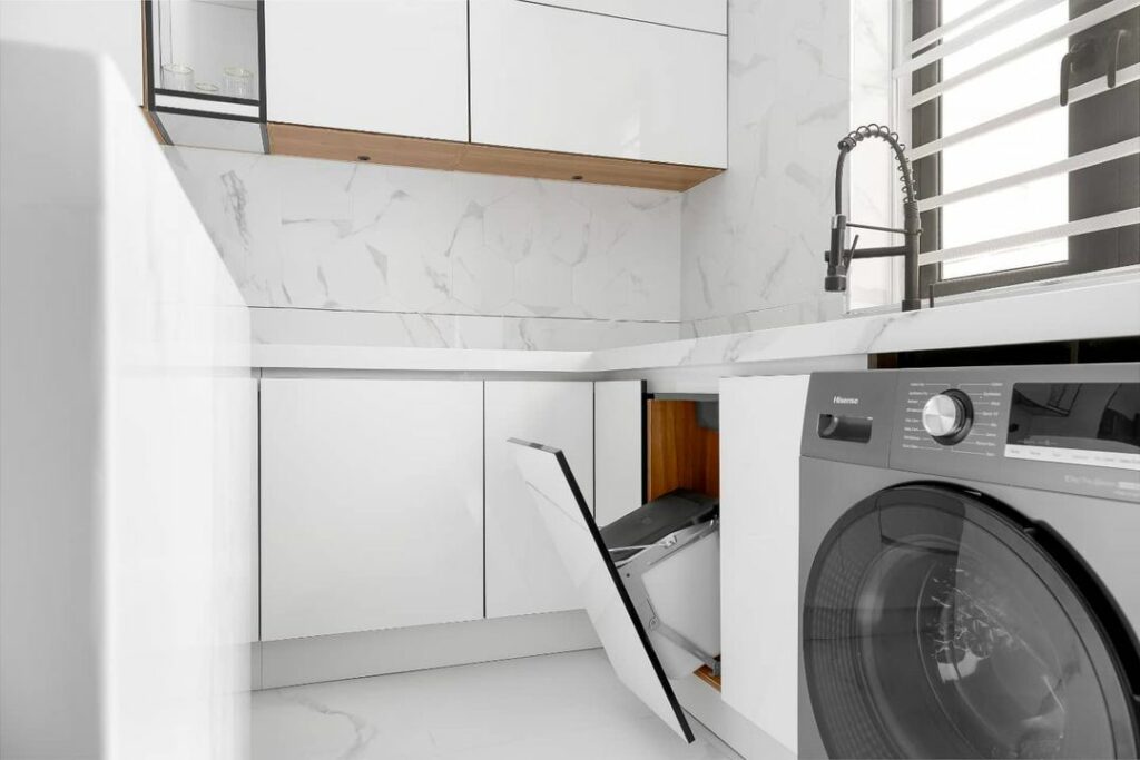 Pull-out bin in All-White Kitchen By Rome Signature