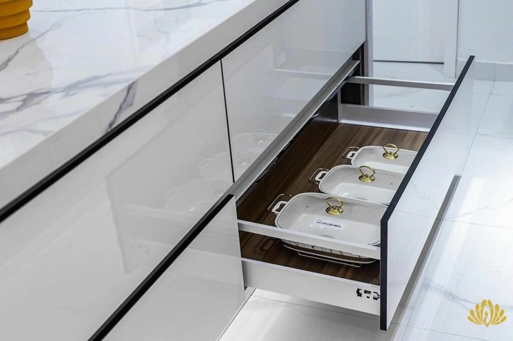 Drawer in cabinetry of All-White Kitchen By Rome Signature