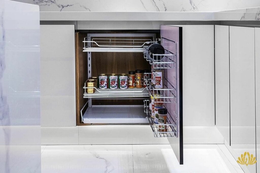 Spice rack in All-White Kitchen By Rome Signature