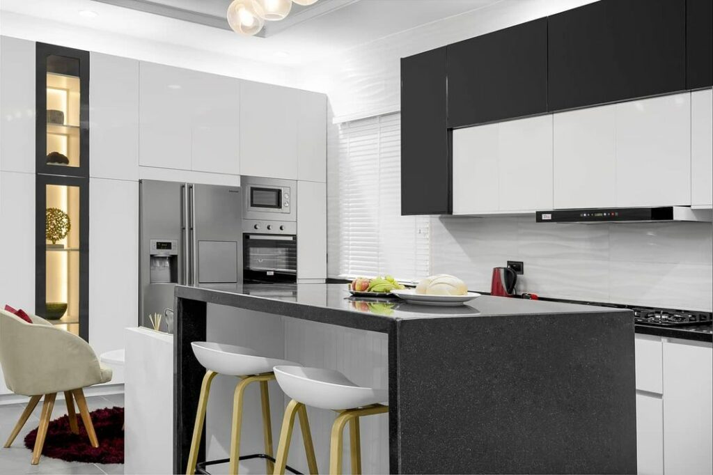 View of Monochrome kitchen by oak and teak