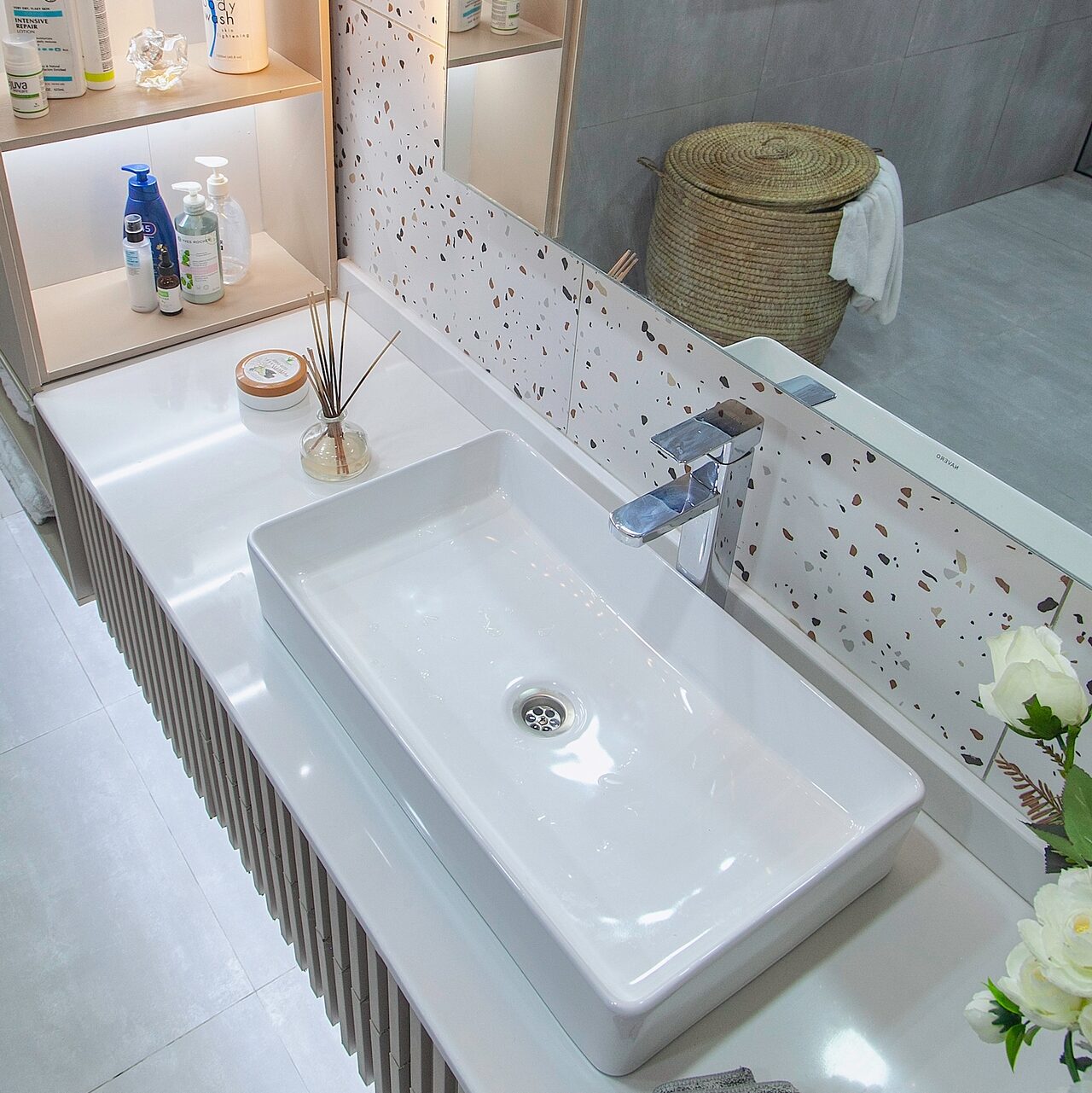 Close up of Vanity Area in this modern bathroom renovation by 2107 Atelier