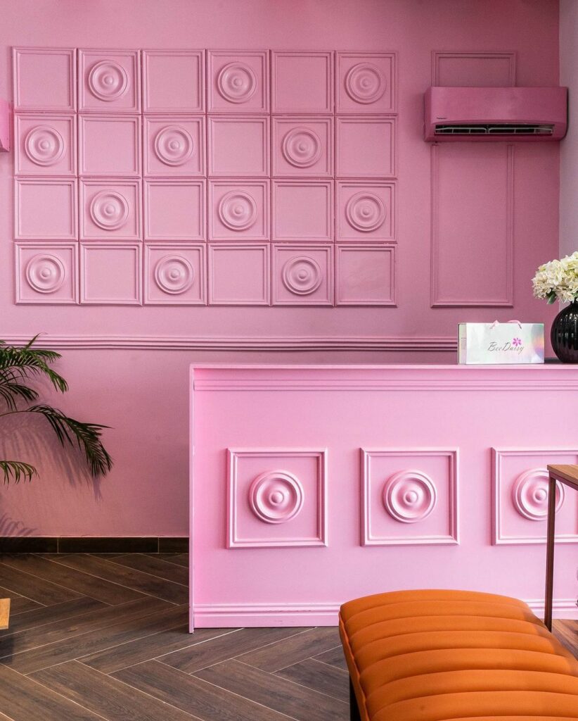 Wig display and styling section reception desk in Pink-Themed Beauty Store Fit-Out By TMSorayaa