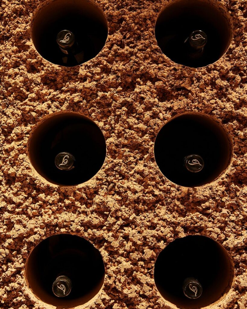 Storage in Cork Wine Cellar in Cape Town By Wiid Designs shows the geometric perforations hosting the wine bottles.