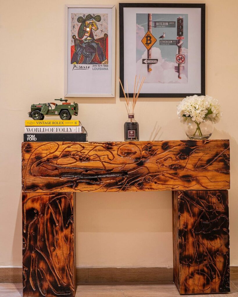 Wooden console in Rustic Minimalist Living Room Design By BrandBoy Studios
