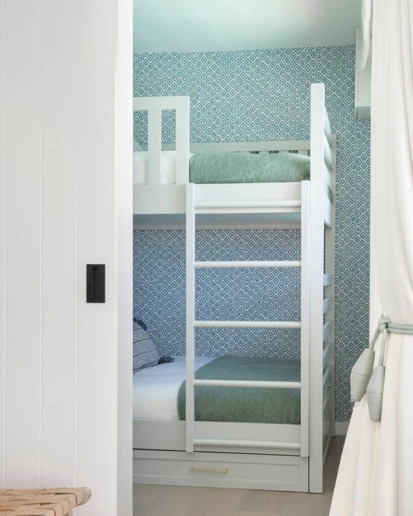 Close up of blue-themed bunk bed arrangement