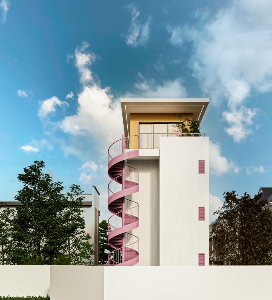 Exterior View of a residential building with a pink spiral external staircase