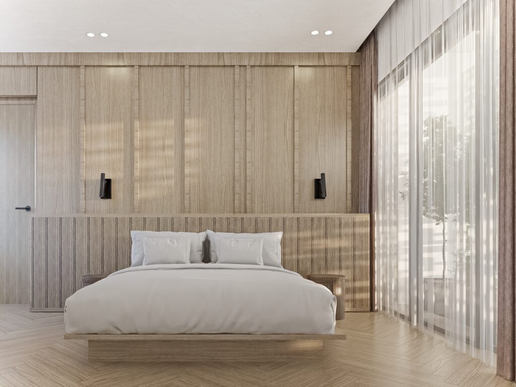 Bedroom in the Line by CCW featuring extensive use of wood.