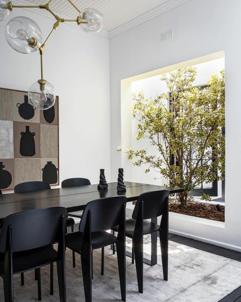 Black dining set with indoor plant by window