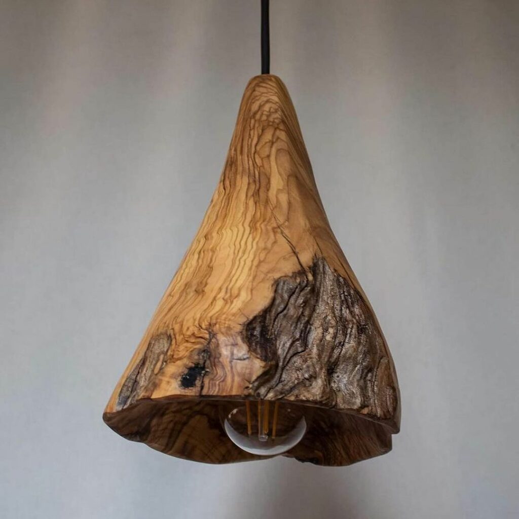 Pendant lights with wooden lamp shades.