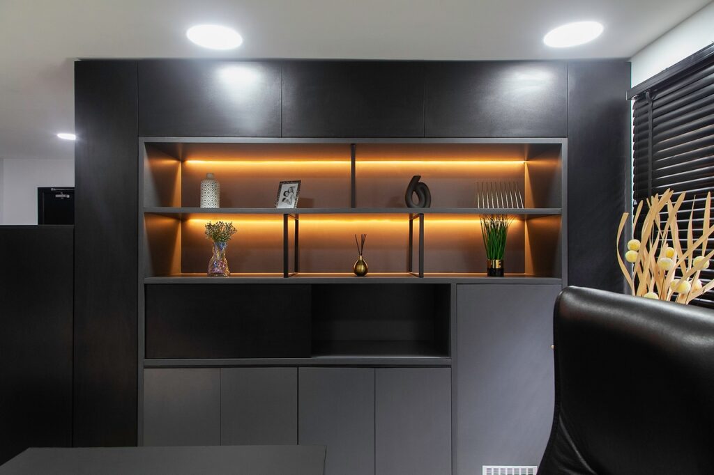 Modern black shelf in contemporary office.