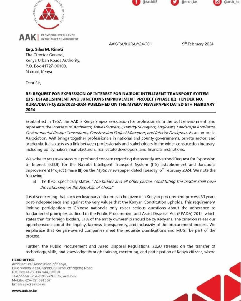 Architectural Association of Kenya protest letter for the Nairobi ITS Project.