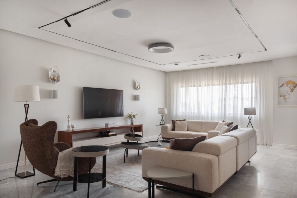 Living room area in Snow Queen, a luxury contemporary short-let apartment by Checkers Bnb.