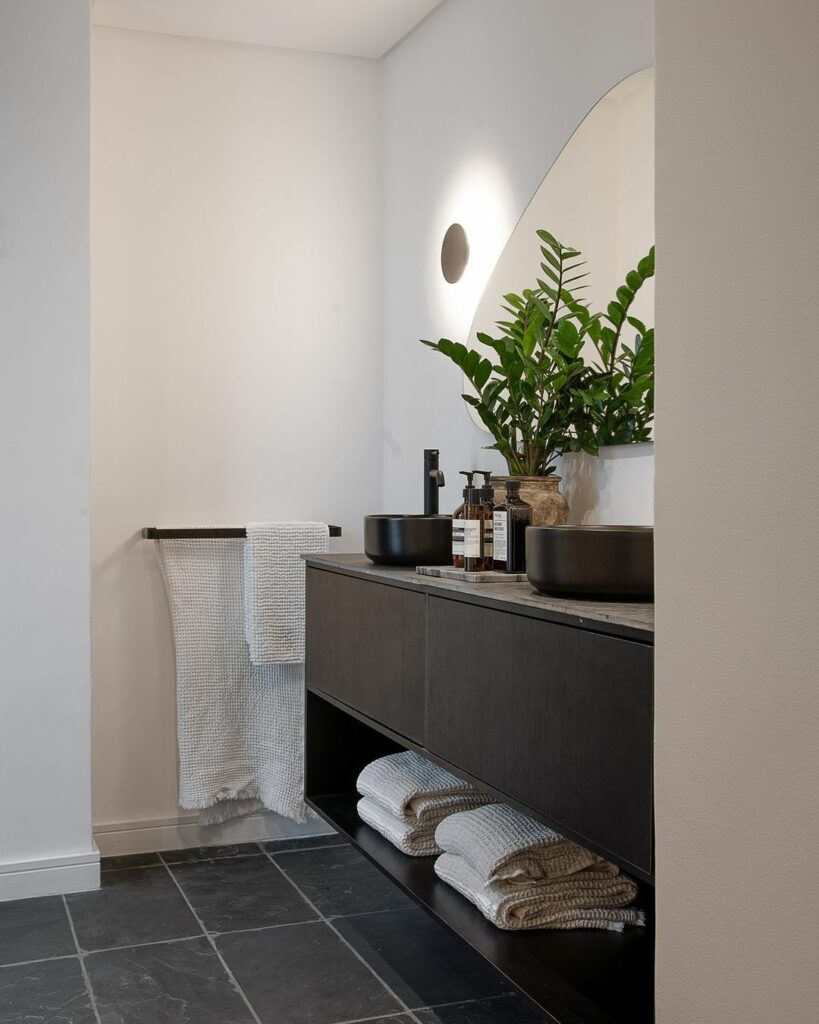 Modern bathroom vanity area.