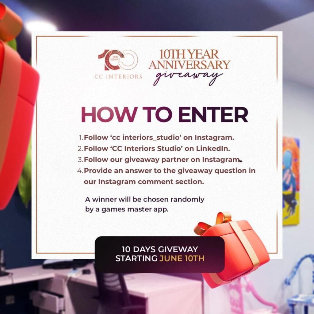 Flyer for 10th year anniversary giveaway for CC Interiors Studio describing how to enter