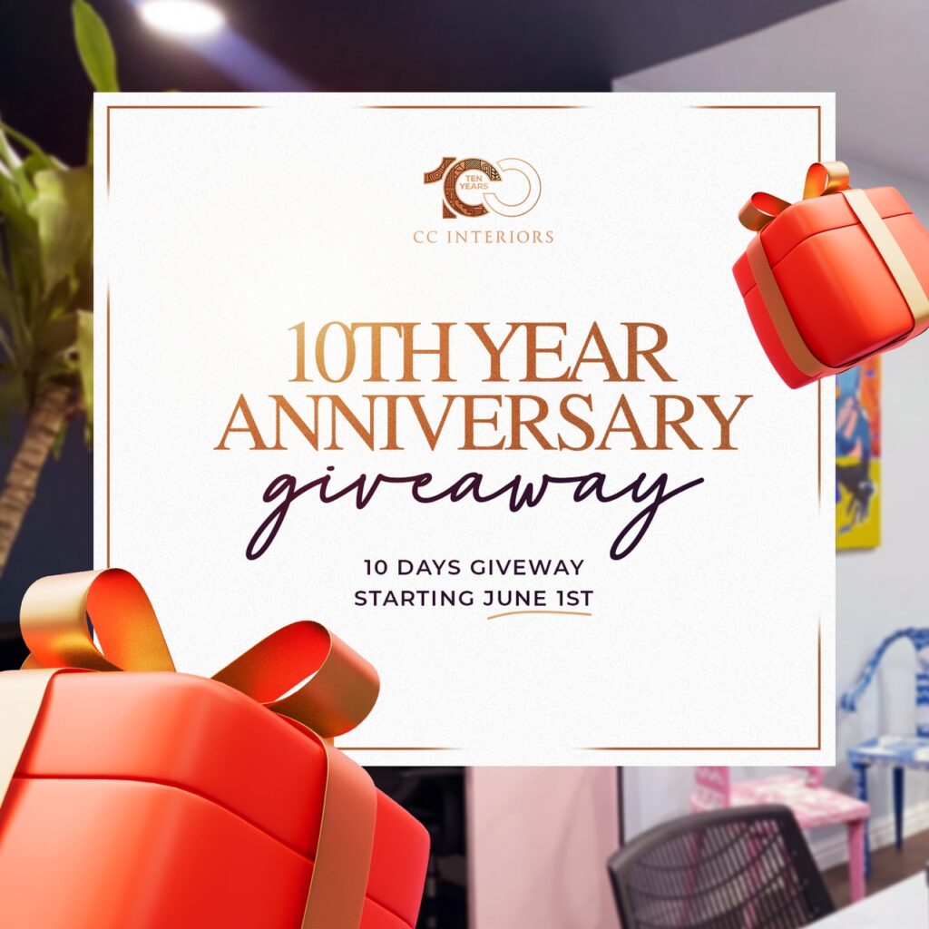 A colorful graphic with the text "10th anniversary giveaway" in bold letters, surrounded by presents.