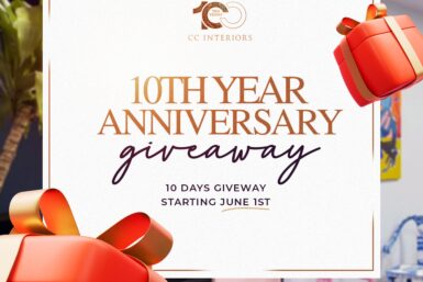 A colorful graphic with the text "10th anniversary giveaway" in bold letters, surrounded by presents.
