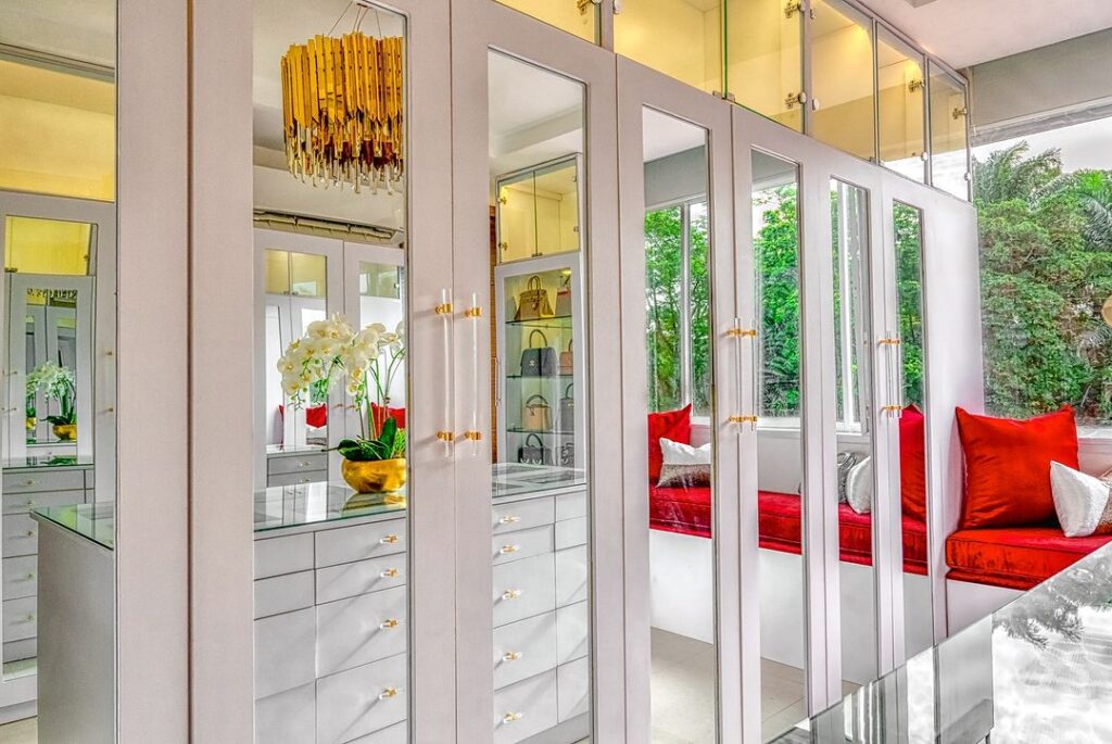 Closet doors with acrylic door handles and embedded mirrors.