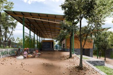 Olangama Community Hub by Local Works Uganada - A modern school building depicted in a digital illustration.