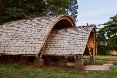 Exterior of bamboo pavillion by Local Works Uganda.