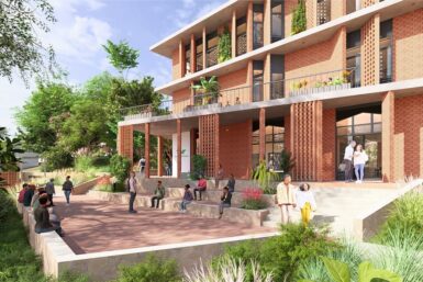 A detailed rendering showcasing the exterior design of a modern building with architectural features and landscaping.