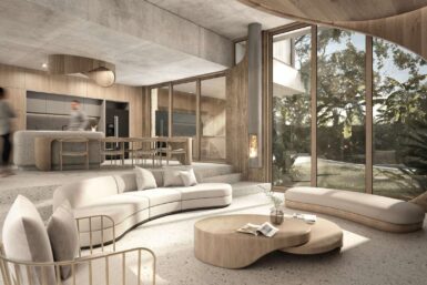 Bosque House Grizzo Studio Open Plan Living Area with view of Garden Render