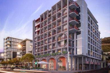 Rendered street view of Three43onB by 255 Architects.