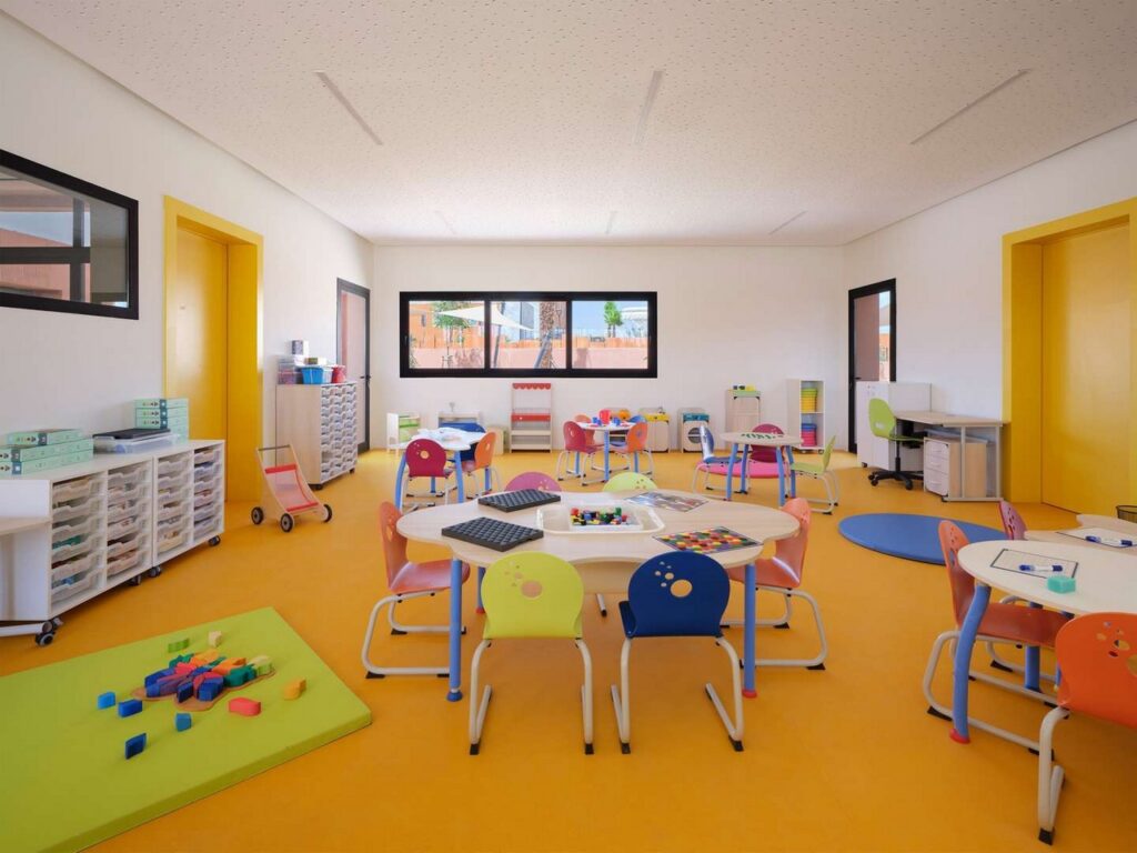 Colourful interior of classroom in Jacques Majorelle School by Zarchitecture Studio