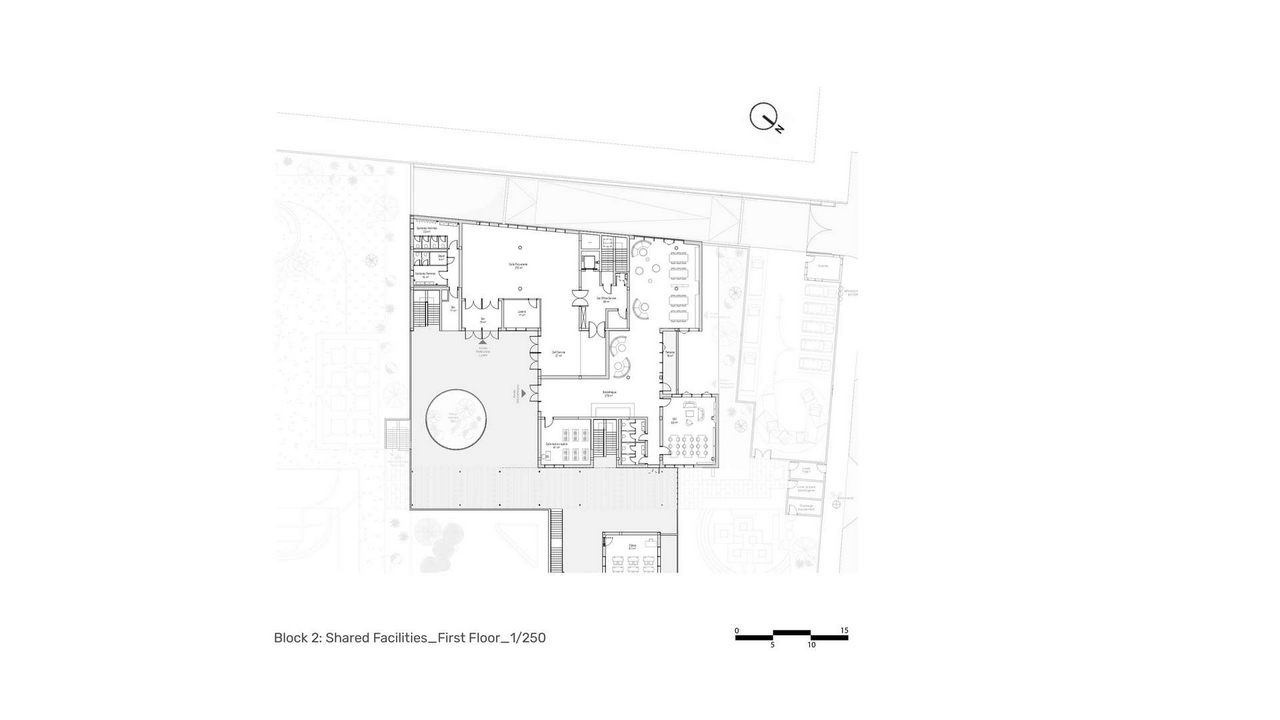 First floor plan of the shared facility in Jacques Majorelle School by Zarchitecture Studio.