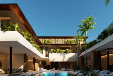 luxury private residence with pool area and balconies with planting.